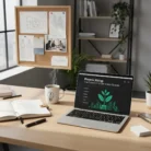 A modern desk displays the Logline & Pitch Deck Development product: a laptop with the "Phoenix Rising: The Future of Urban Green Spaces" pitch deck, a notebook with sketches, coffee, and a corkboard of loglines—bookshelves in the background.