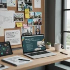 A modern desk set up for Logline & Pitch Deck Development features an open laptop with a "Project Nova" deck, a notebook, pen, coffee, and tablet. A corkboard behind shows photos, sketches, and notes, while sunlight fills the bright workspace.