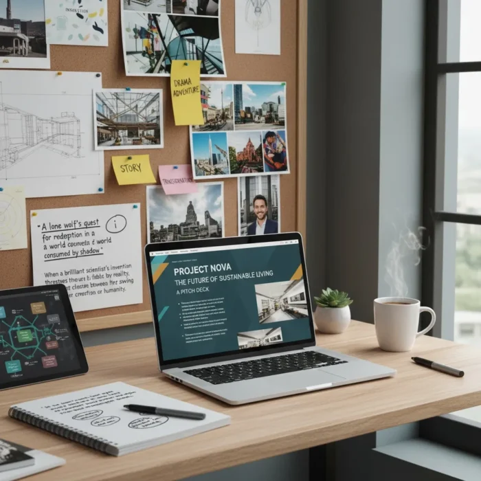A modern desk set up for Logline & Pitch Deck Development features an open laptop with a "Project Nova" deck, a notebook, pen, coffee, and tablet. A corkboard behind shows photos, sketches, and notes, while sunlight fills the bright workspace.