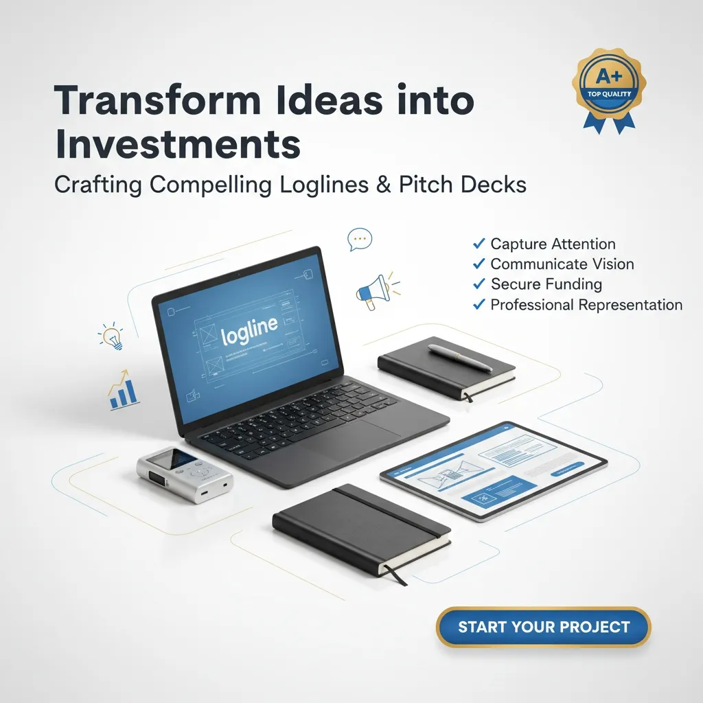 A digital graphic for Logline & Pitch Deck Development shows “Transform Ideas into Investments: Crafting Compelling Loglines & Pitch Decks,” with tools like a laptop, notepads, and tablet. Key points and a blue “Start Your Project” button appear on the desk.