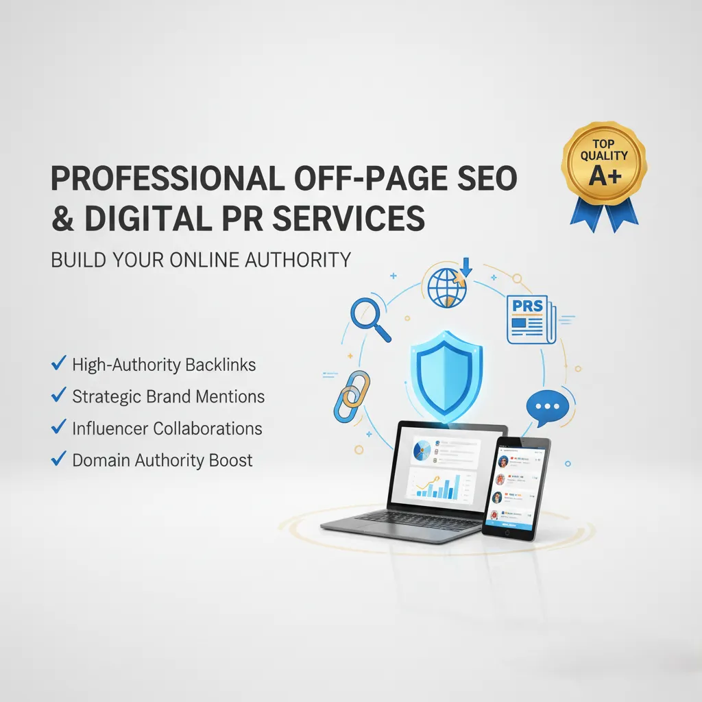 A digital graphic for Off-Page SEO & Digital PR shows a laptop and tablet with graphs, blue shield and globe icons, a gold "Top Quality A+" badge, plus a checklist: high-authority backlinks, collaborations, and authority boost.