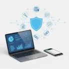 A laptop with charts and a smartphone with a list sit beside a blue shield icon, surrounded by Off-Page SEO & Digital PR symbols—representing digital security, data protection, and the impact of Off-Page SEO & Digital PR on your online presence.