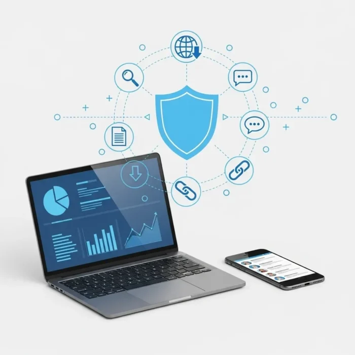 A laptop with charts and a smartphone with a list sit beside a blue shield icon, surrounded by Off-Page SEO & Digital PR symbols—representing digital security, data protection, and the impact of Off-Page SEO & Digital PR on your online presence.