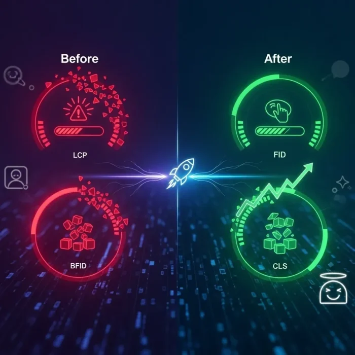 A split infographic for "Optimize Core Web Vitals for Better Rankings & User Experience" contrasts a red "Before" with LCP and BFID warnings against a green "After" showing higher FID and CLS scores, highlighted by a rocket and progress bars for speed.
