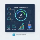 A digital infographic for "Optimize Core Web Vitals for Better Rankings & User Experience" centers on Core Web Vitals, with gauges for LCP, FID, CLS, and icons below for image optimization, code splitting, better rankings, and improved user experience.