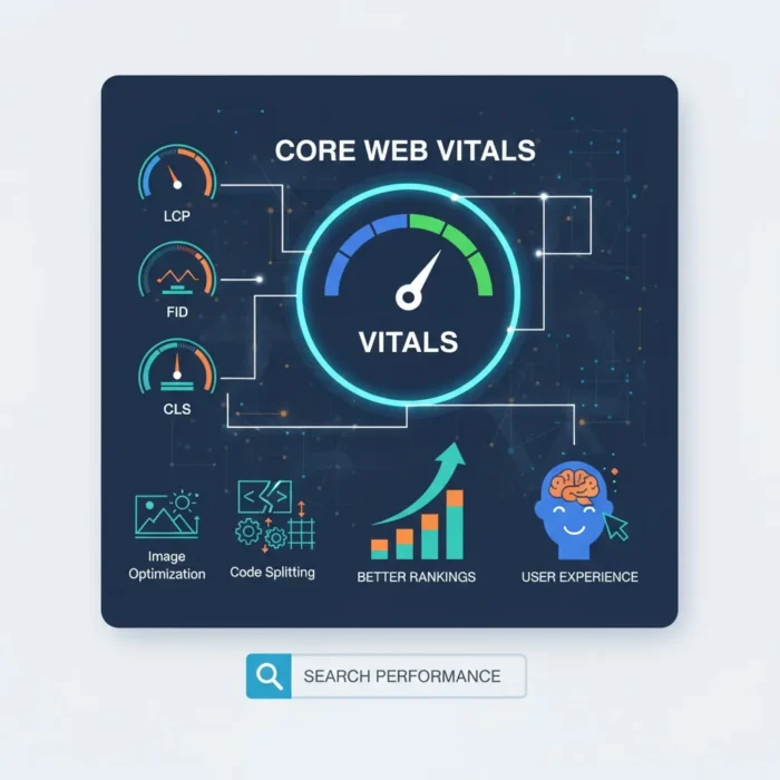 A digital infographic for "Optimize Core Web Vitals for Better Rankings & User Experience" centers on Core Web Vitals, with gauges for LCP, FID, CLS, and icons below for image optimization, code splitting, better rankings, and improved user experience.