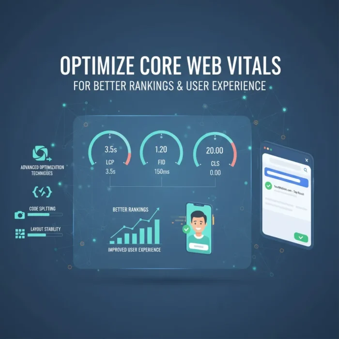 The "Optimize Core Web Vitals for Better Rankings & User Experience" dashboard shows LCP at 3.5s, FID at 120ms, and CLS at 0.20 with charts, icons for code splitting, layout stability, and a user image to highlight SEO and UX.