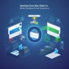 The "Optimize Core Web Vitals for Better Rankings & User Experience" digital illustration contrasts poor (red, slow performance) and optimal (green, efficient stats) Core Web Vitals to show how improvements boost both usability and search rankings.