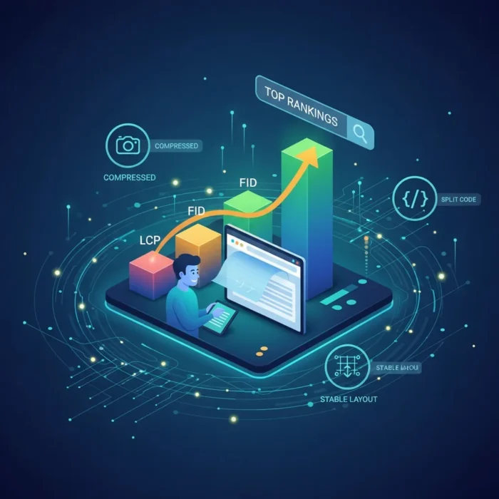 A person uses a laptop alongside icons for “Compressed,” “Core Web Vitals,” “FID,” “Split Code,” and “Stable Layout.” An upward arrow and bar chart illustrate improved rankings via the Optimize Core Web Vitals for Better Rankings & User Experience product.