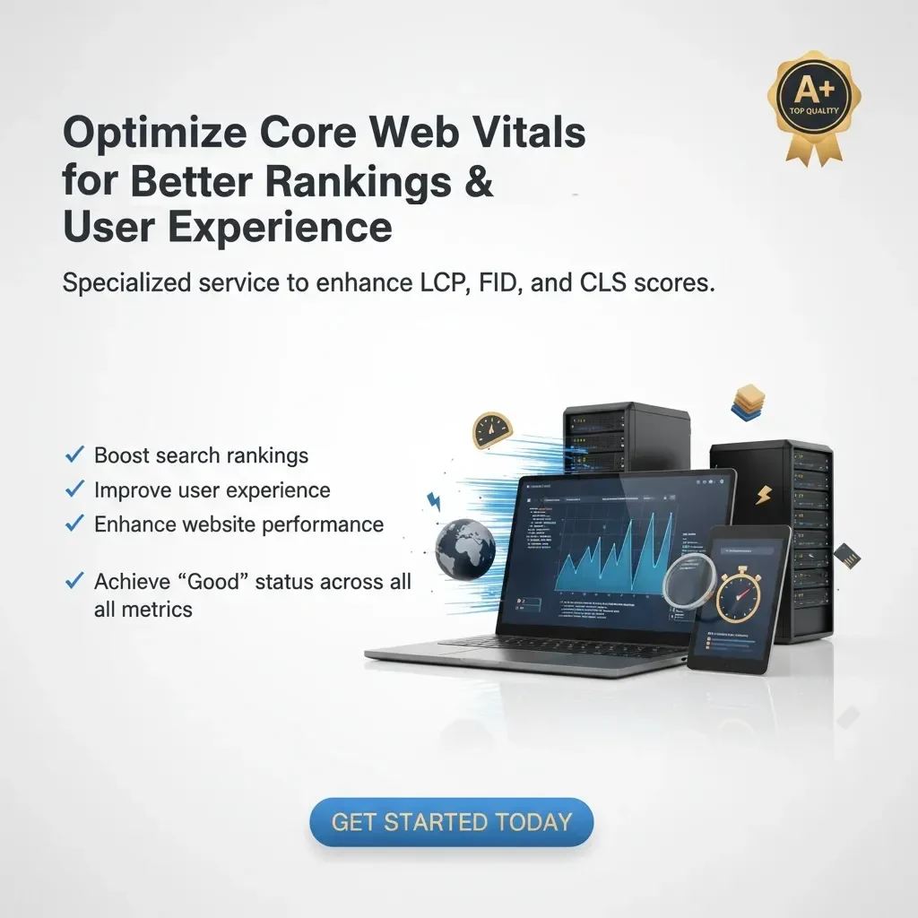 A graphic for "Optimize Core Web Vitals for Better Rankings & User Experience" displays a laptop, tablet, and server stacks with charts and icons. Text highlights benefits, with a blue "Get Started Today" button at the bottom.