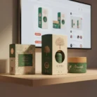 Three skincare products labeled "Vitality Blend," "Aurora Botanicals," and "Nourish" sit on a light wooden shelf. The packaging features green and cream colors with tree designs. A computer screen in the background displays similar product images.