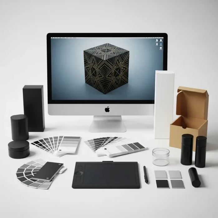 A desktop computer displays a 3D geometric cube for Packaging Design. Around the monitor are packaging mockups, color swatches, a graphics tablet with stylus, and samples—essential tools for graphic or product design on a clean white surface.