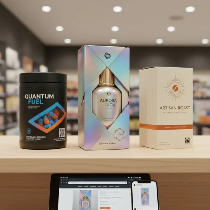 Three products are displayed on a wooden counter: a black Quantum Fuel supplement jar, a boxed glass bottle labeled Aurora Glow, and a beige box labeled Artisan Roast coffee. In the foreground, a tablet and phone show the Aurora Glow product page. Store shelves blur in the background.