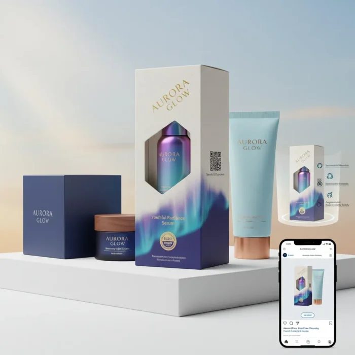 A display of Aurora Glow skincare products on white platforms, including a blue cream jar, a serum bottle in a box, and a light blue tube, with soft sky background. A smartphone at bottom right shows the same product image on social media.