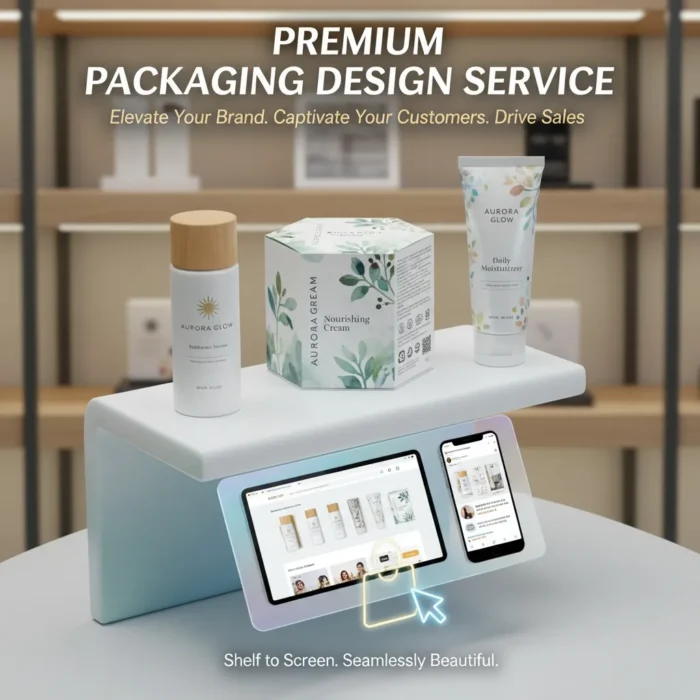 A display shows skincare products—bottle, box, and tube—branded “Aurora Glow” on a white stand. Below, a digital shelf displays product images on tablets. Text above reads: “Premium Packaging Design Service. Elevate Your Brand. Captivate Customers. Drive Sales.”.