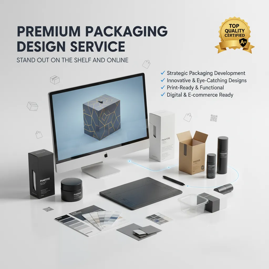 A computer on a white desk displays a 3D packaging design. Surrounding the desk are various black and white packaging boxes, tubes, jars, color swatches, and a graphics tablet. Text promotes a premium packaging design service with a gold quality badge.