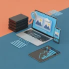 3D illustration of a laptop, smartphone, and tablet showcasing Photo Optimization for Web with image files and data charts on screens. Blue and orange background with digital lines symbolizes efficient photo transfer between devices and servers.