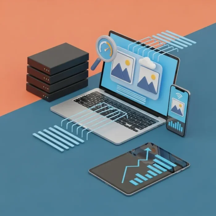 3D illustration of a laptop, smartphone, and tablet showcasing Photo Optimization for Web with image files and data charts on screens. Blue and orange background with digital lines symbolizes efficient photo transfer between devices and servers.