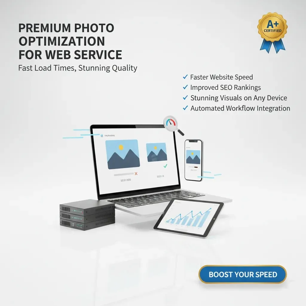 A digital ad shows a laptop, tablet, and phone with "Photo Optimization for Web" software; server stacks beside them. Blue checkmarks list: faster speeds, better image SEO, visuals on all devices, workflow automation. "BOOST YOUR SPEED" sits bottom right.