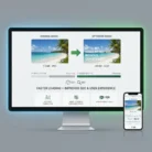 A computer monitor shows original vs. optimized beach images, illustrating Photo Optimization for Web’s reduced file size, faster load time, and support for advanced algorithms and new formats. A smartphone displays the matching site.