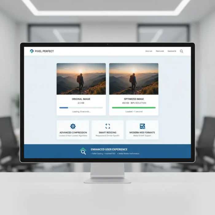 The Photo Optimization for Web tool is shown on a monitor with "Original Image" and "Optimized Image" previews, highlighting an 82% reduction for better SEO. Feature icons and descriptions are displayed below, set against a modern office background.