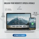 A laptop (blurry mountain, “Before: 1.8MB JPEG”) and smartphone (sharp, “After: 98KB WebP”) compare photo quality. Text: “Photo Optimization for Web—95% faster web photo load time.” Button: “Optimize My Images.” Compression feature icons included.