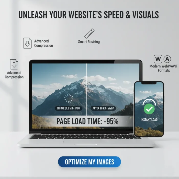 A laptop (blurry mountain, “Before: 1.8MB JPEG”) and smartphone (sharp, “After: 98KB WebP”) compare photo quality. Text: “Photo Optimization for Web—95% faster web photo load time.” Button: “Optimize My Images.” Compression feature icons included.