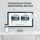 A desktop monitor shows Photo Optimization for Web comparing "Before" (1.5 MB JPEG, red X) and "After" (150 KB WebP, 100% quality, green check). A smartphone mirrors this. Callouts highlight advanced compression, smart resizing, and AVIF/WebP support.