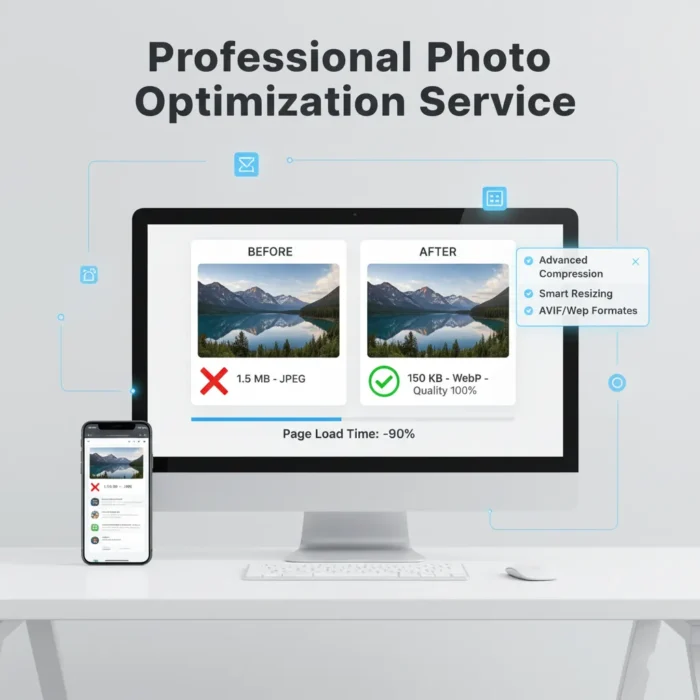 A desktop monitor shows Photo Optimization for Web comparing "Before" (1.5 MB JPEG, red X) and "After" (150 KB WebP, 100% quality, green check). A smartphone mirrors this. Callouts highlight advanced compression, smart resizing, and AVIF/WebP support.