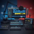 The Podcast Production & Editing setup includes a large monitor with audio editing software, a boom arm microphone with pop filter, headphones, audio mixers, an interface, and tablet—all on a desk with a split blue-red background.