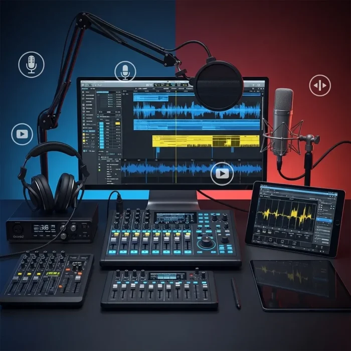 The Podcast Production & Editing setup includes a large monitor with audio editing software, a boom arm microphone with pop filter, headphones, audio mixers, an interface, and tablet—all on a desk with a split blue-red background.