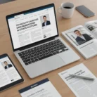 A laptop on a wooden desk displays a website article titled “Technovate Launches Groundbreaking AI Ethics Platform,” with a man’s headshot. Nearby are documents, a tablet showing the same article, a phone, eyeglasses, and a cup of coffee.