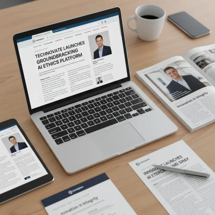 A laptop on a wooden desk displays a website article titled “Technovate Launches Groundbreaking AI Ethics Platform,” with a man’s headshot. Nearby are documents, a tablet showing the same article, a phone, eyeglasses, and a cup of coffee.