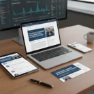 A workspace featuring a laptop, tablet, smartphone, and business cards demonstrates the "Press Release Writing" product. Two monitors display data charts, with a pen and coffee cup completing this professional setup.