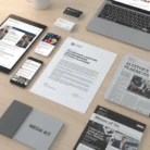A desk displays business materials: a press release written via Press Release Writing about an innovative AI ethics platform, a media kit, business cards, a tablet and phone with related articles, and a coffee cup.