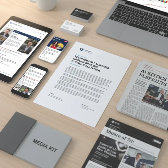 A desk displays business materials: a press release written via Press Release Writing about an innovative AI ethics platform, a media kit, business cards, a tablet and phone with related articles, and a coffee cup.
