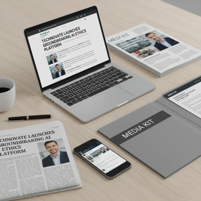 A light wooden desk set for Press Release Writing features a laptop, smartphone, coffee cup, newspaper, articles, and a media kit folder—all displaying the headline “Technovate Launches Groundbreaking AI Ethics Platform” with a man’s photo.