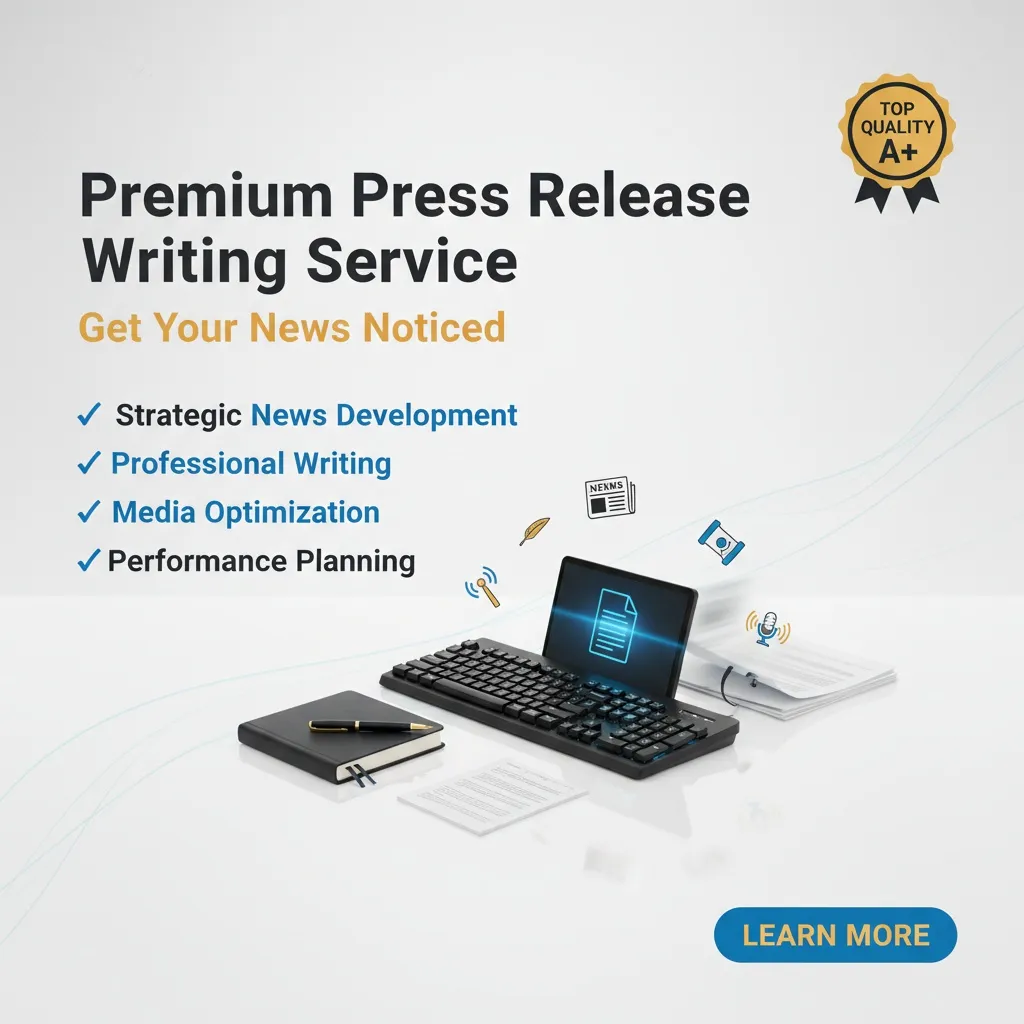 A digital ad for "Press Release Writing" shows a keyboard, notebook, pen, phone, coffee cup, and documents. Blue and gold accents emphasize its premium quality. Click "Learn More" to explore standout features of this Press Release Service.
