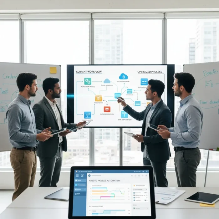 Four men in business attire discuss workflow diagrams displayed on a large screen in an office, showcasing Process Automation Consulting. One points with a pen, others hold tablets; charts are visible on a laptop as whiteboards flank the group.