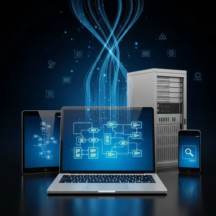 A laptop, tablet, and smartphone display network diagrams connected by blue glowing lines before a large server, symbolizing the Process Automation Consulting service and cloud computing on a dark background.
