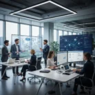 Six business professionals work in a sleek, modern office. Three analyze data on laptops, while others discuss Process Automation Consulting at digital whiteboards filled with diagrams and infographics. The workspace boasts large windows.