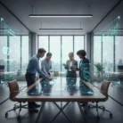 Four business professionals gather around a table displaying holographic charts, engaged in Process Automation Consulting. The modern office features floor-to-ceiling windows and digital interfaces projected on glass walls.