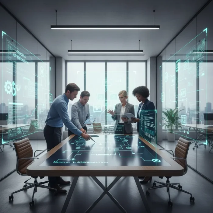 Four business professionals gather around a table displaying holographic charts, engaged in Process Automation Consulting. The modern office features floor-to-ceiling windows and digital interfaces projected on glass walls.