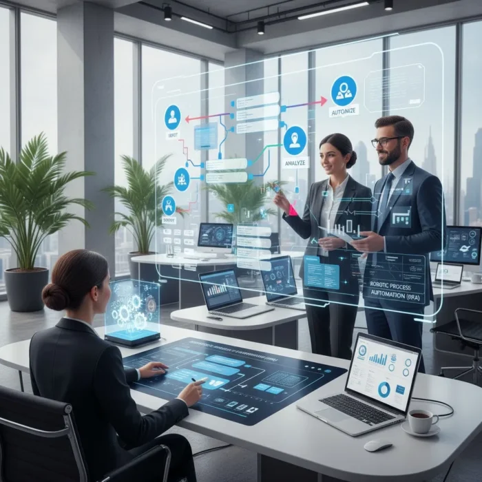 Three business professionals collaborate in a sleek office using transparent digital screens with charts and analytics, exploring Process Automation Consulting. One woman sits at a modern desk while two discuss data; laptops and city views enhance the scene.