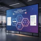 A digital display in a modern office showcases the Product Description Writing service, featuring hexagonal icons for SEO, platform optimization, and conversion enhancement, with sample product descriptions shown on each side.