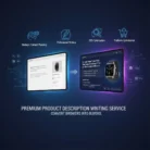 Two digital tablets are shown: the left displays a plain smartwatch page, while the right highlights a polished Product Description Writing page. Icons for content strategy, writing, SEO, and optimization appear above, promoting Product Description Writing services below.