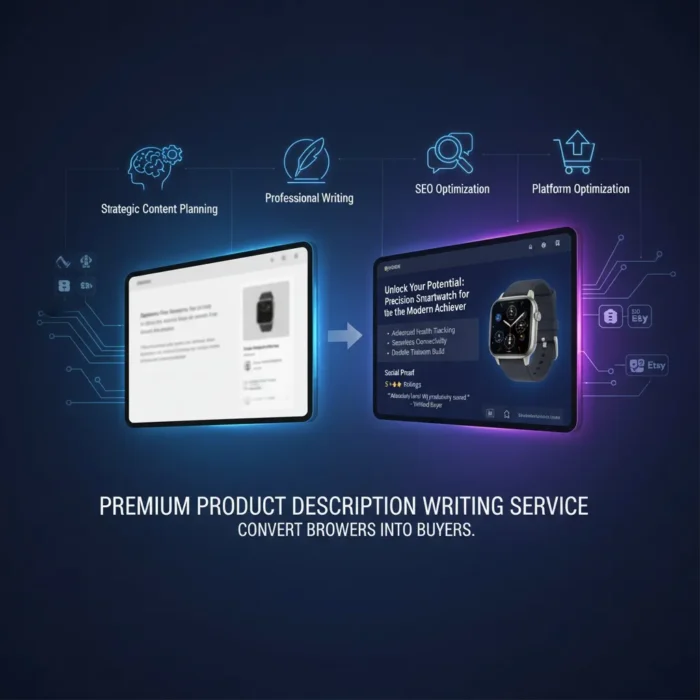 Two digital tablets are shown: the left displays a plain smartwatch page, while the right highlights a polished Product Description Writing page. Icons for content strategy, writing, SEO, and optimization appear above, promoting Product Description Writing services below.