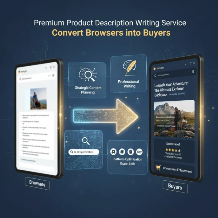 Digital graphic of a tablet labeled "Browsers" showing product research, with an arrow to a phone labeled "Buyers." Icons for SEO and content planning highlight Product Description Writing. Text: "Convert Browsers into Buyers.