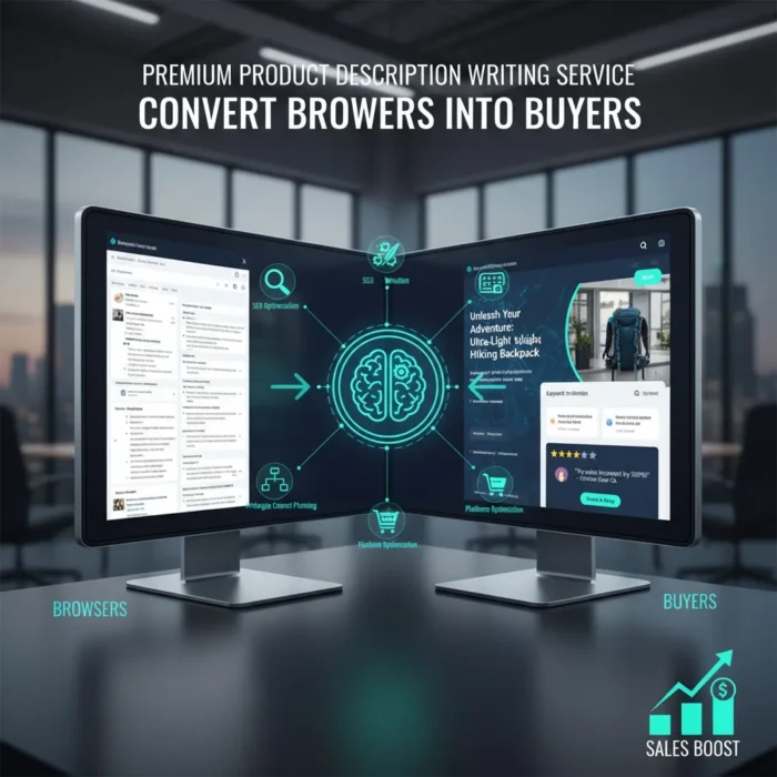 Two monitors on a desk—left shows "BROWSERS," right shows "BUYERS." Text above: "Turn Browsers Into Buyers—Boost sales with our Product Description Writing service.