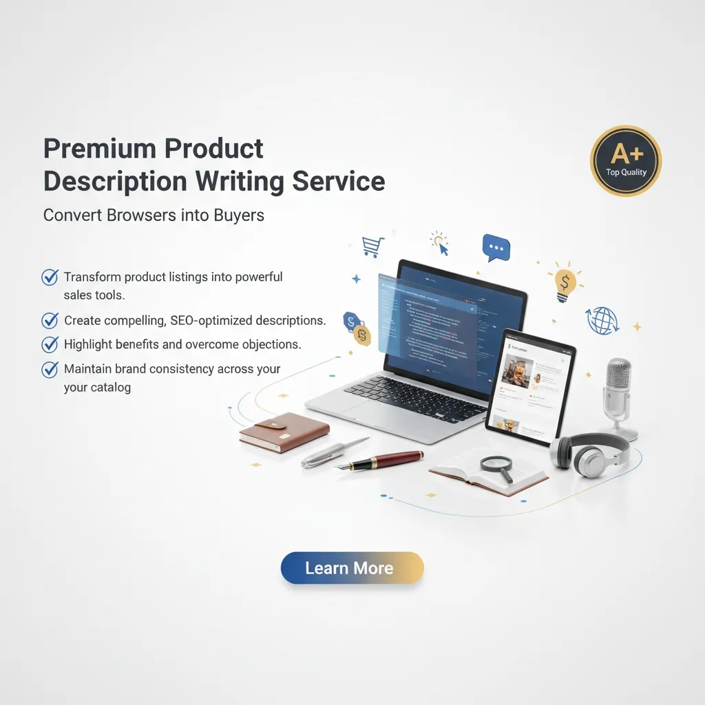 A promotional graphic for “Product Description Writing” displays devices and writing tools. Listed benefits of expert descriptions appear beside a blue “Learn More” button and an “A+ Top Quality” badge.